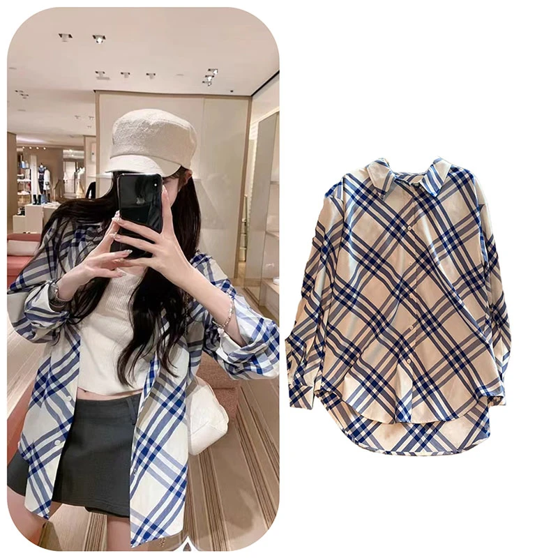 格子洋气衬衫外套女外穿气质独特漂亮百搭中长款宽松格纹长袖上衣