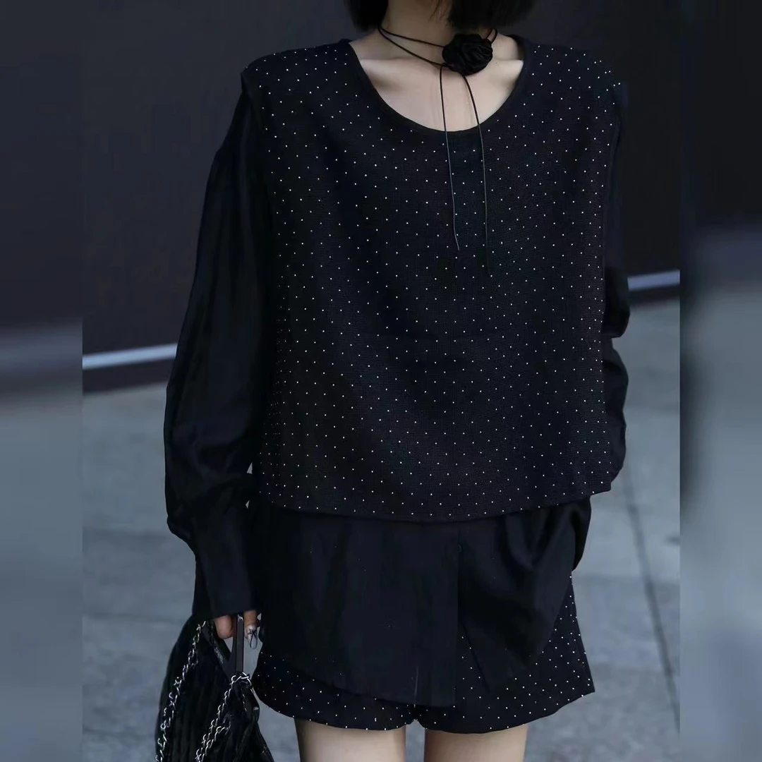 JUDIAN-小众设计满天星烫钻假两件衬衫套装