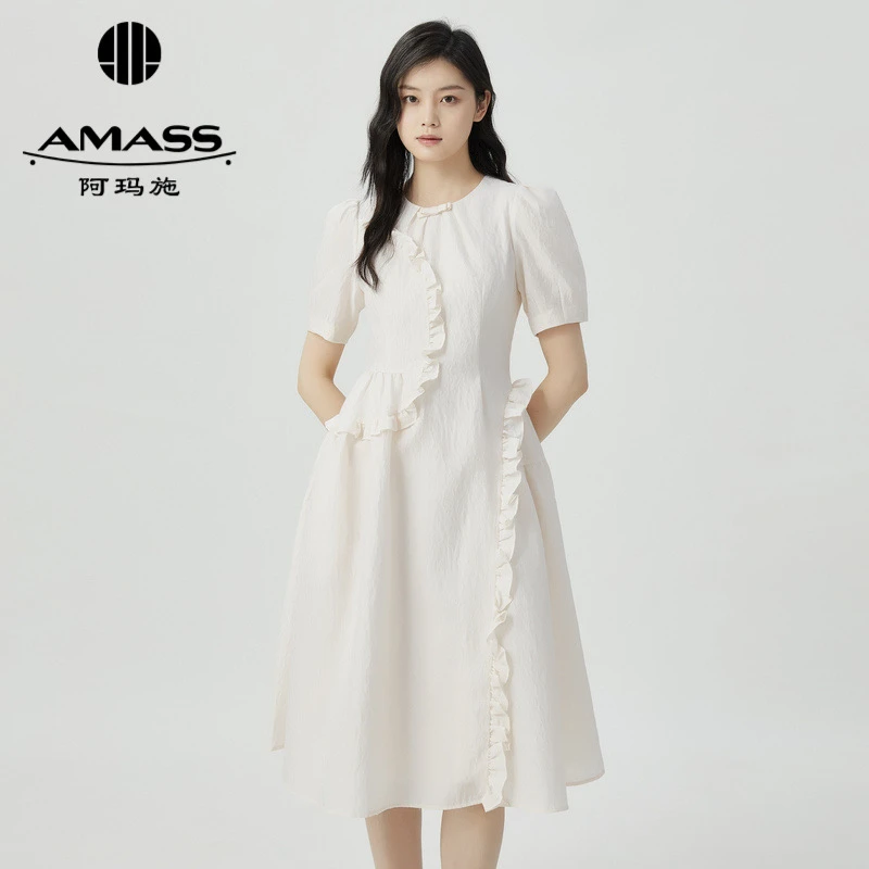 阿玛施/AMASS宫廷泡泡袖公主风压褶质感短袖洋装5500479