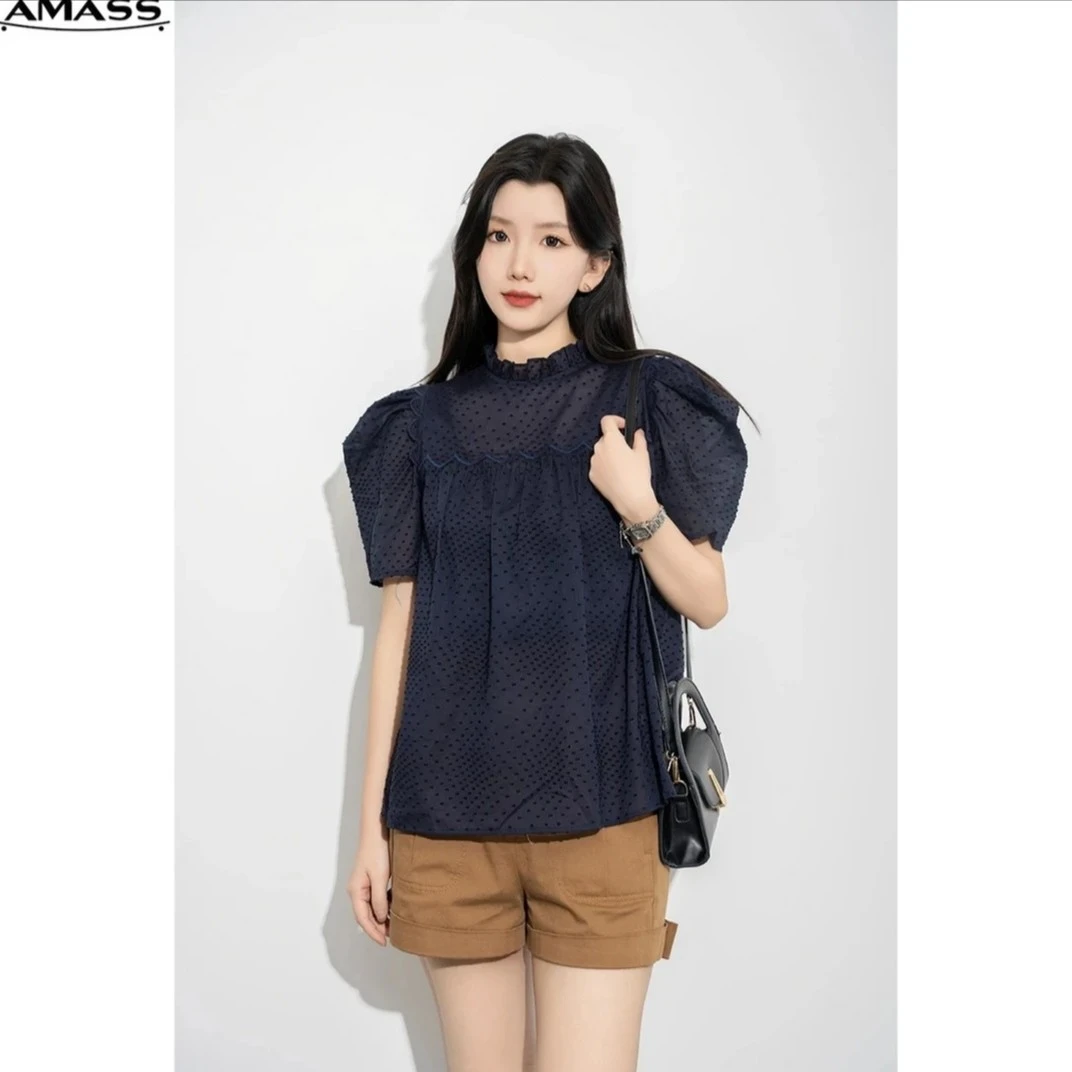 AMASS/阿玛施夏季新款时尚精致波点泡泡袖短袖衬衫上衣女 5301041