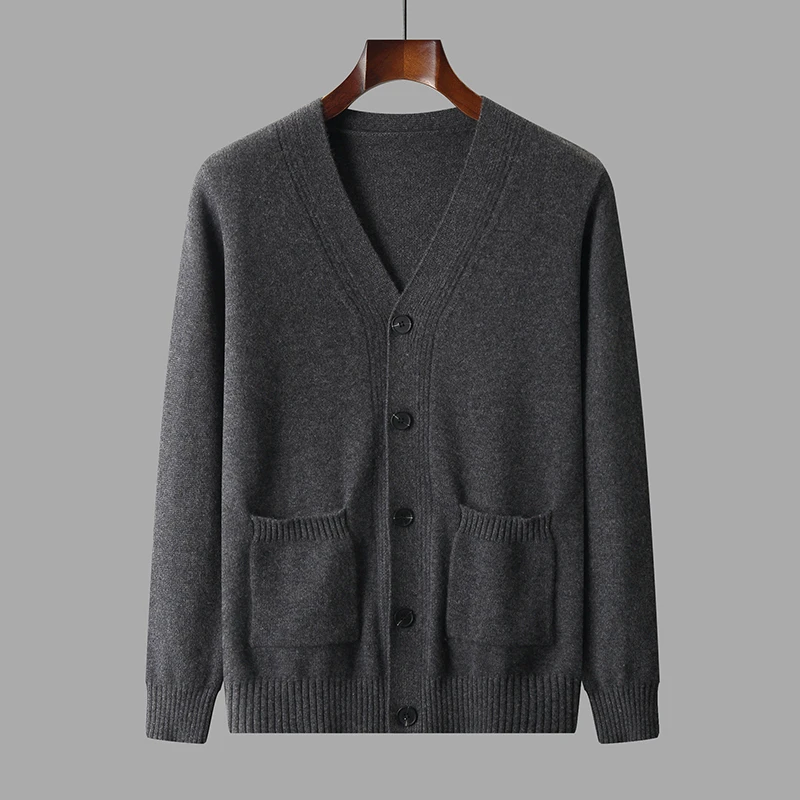(康赛妮)男士纯羊绒秋冬季中厚复古针织开衫外套（均克重410）