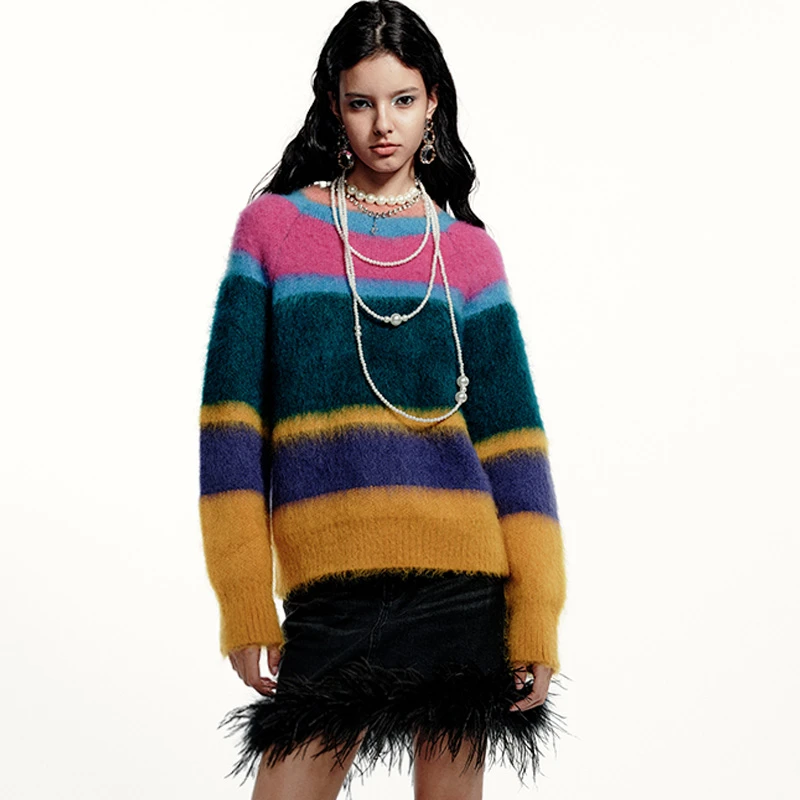 FORDARE马海毛撞色条纹套头衫&撞色围巾条纹开衫