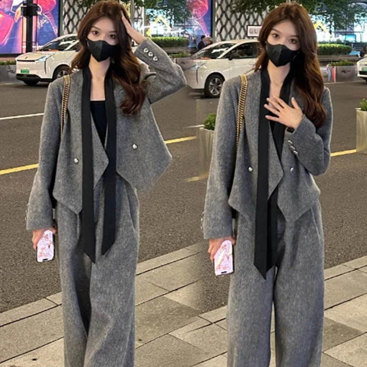 时尚套装女2024秋冬新款洋气显瘦高级感毛呢西装外套阔腿裤两件套