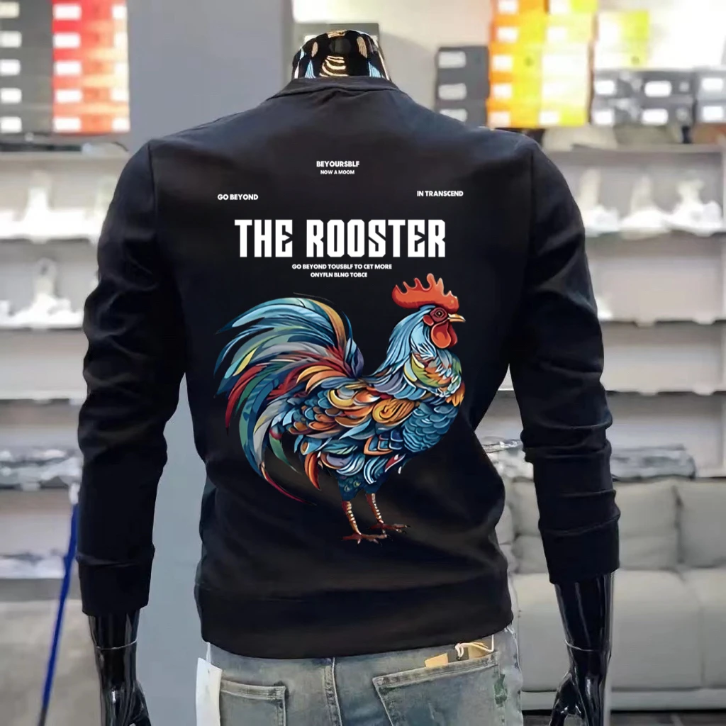 潮牌大公鸡印花秋冬圆领卫衣男女同款情侣装长袖加绒内搭打底衫