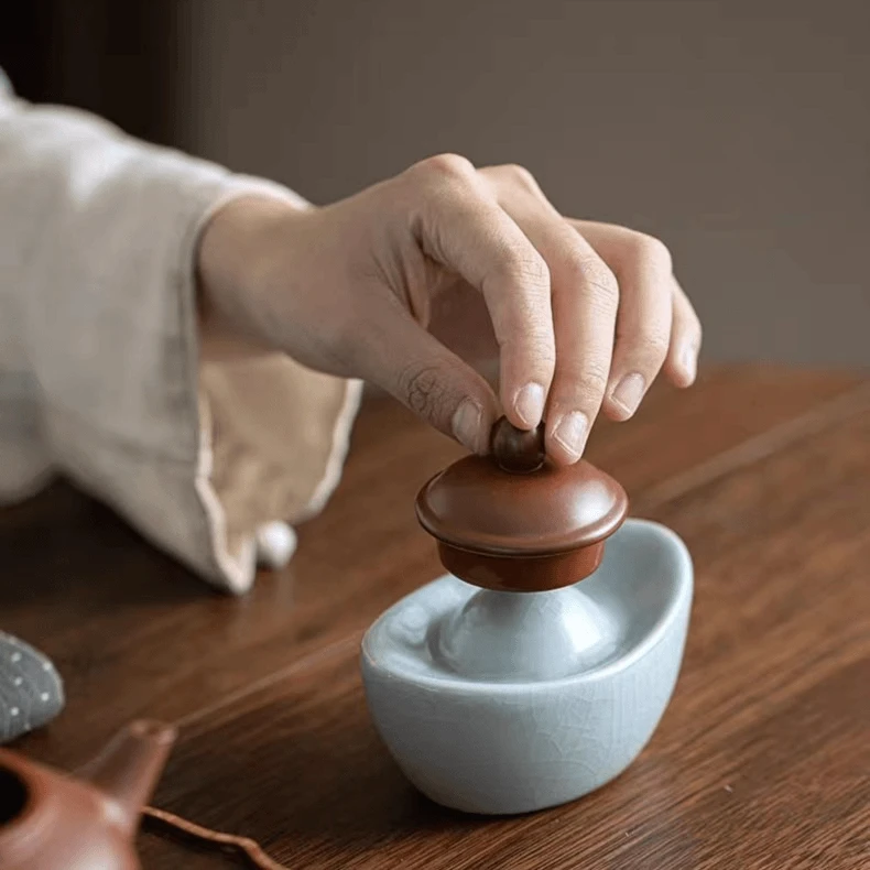 汝窑开片元宝摆件【礼盒装】陶瓷茶宠茶道盖置茶玩天青色