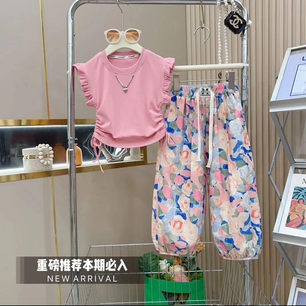 女童2024夏季新款韩版洋气木耳边T恤+油画碎花裤子两件套