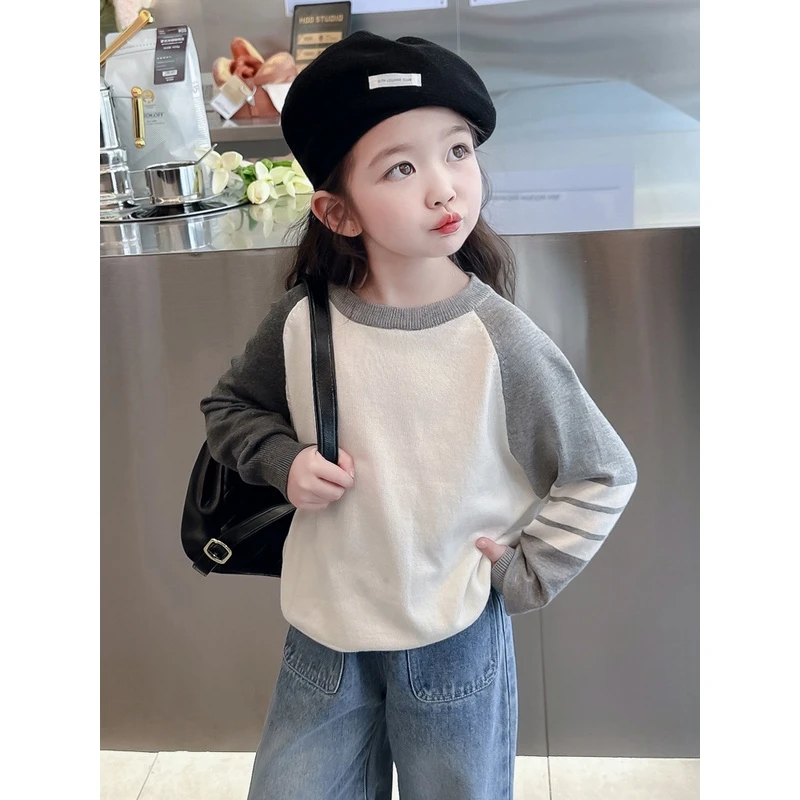 儿童毛衣2024春季新款经典款针织衫插肩学院风拼色男女童套头卫衣
