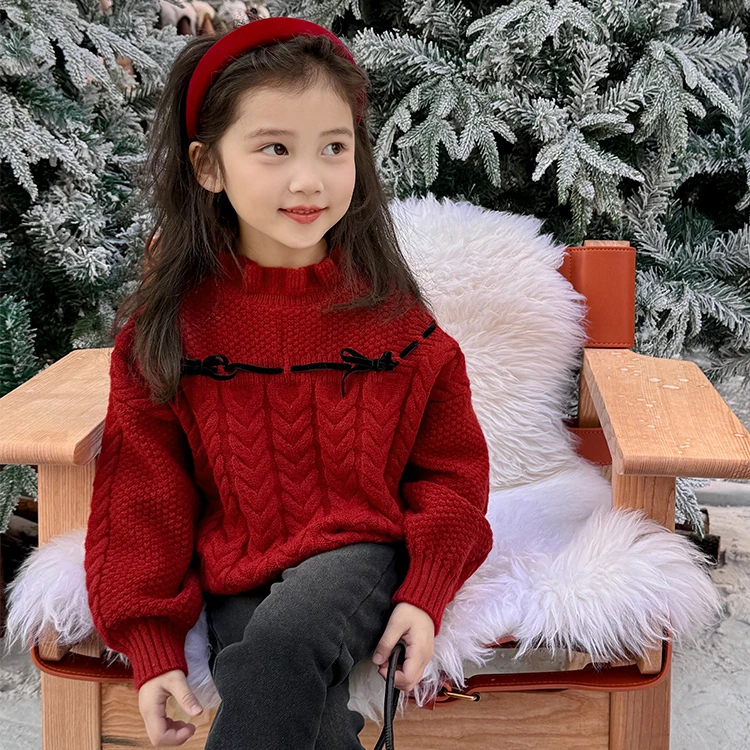 Loving Duck/爱萌鸭女童2025新款宝宝韩版打底衫冬装红色毛衣儿童