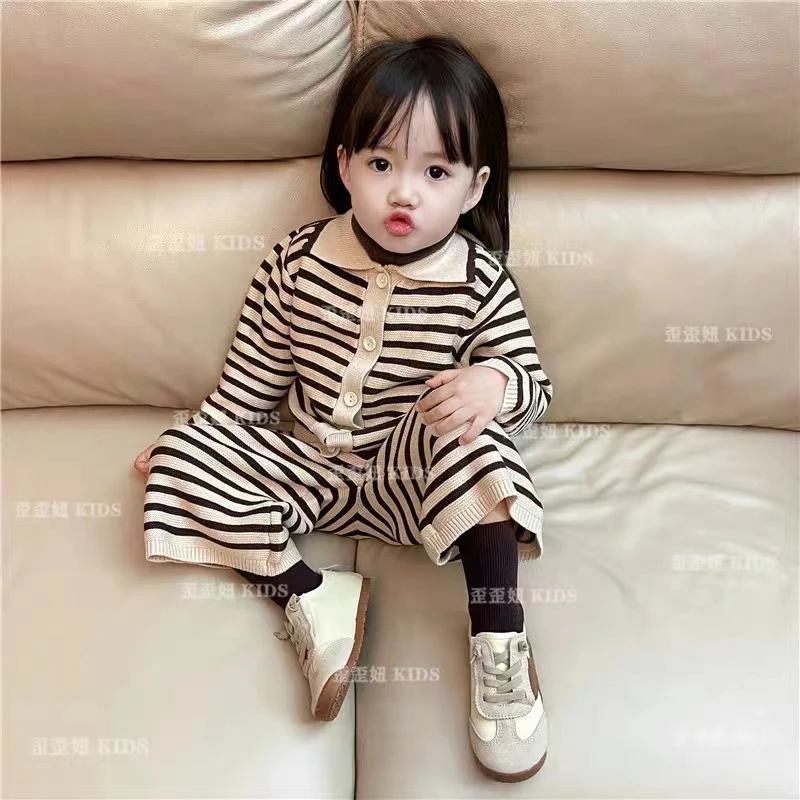女童套装春秋新款网红条纹童装韩版洋气翻领条纹POLO衫长裤两件套