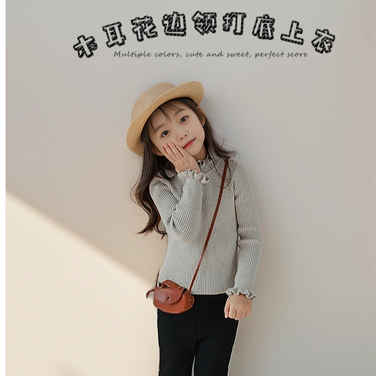 Loving Duck/爱萌鸭秋冬女童打底毛衣半高领纯色内搭花边领针织衫