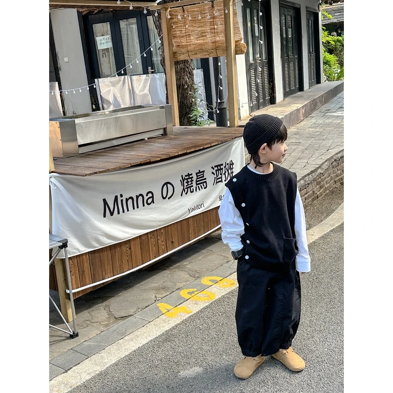 童装男童春秋装毛衣马甲2023新款儿童日系针织衫男孩上衣潮牌背心