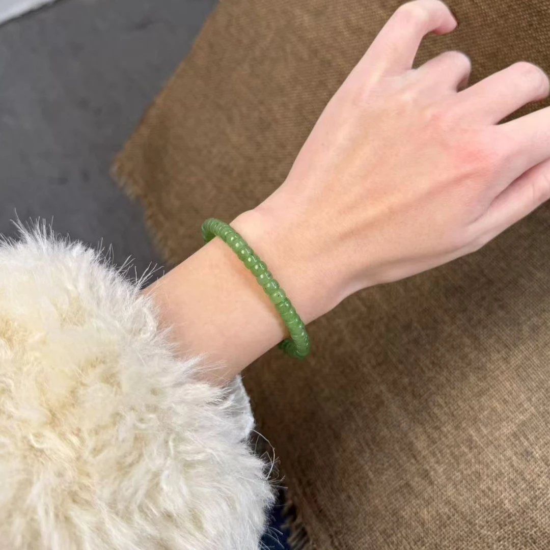 和田玉碧玉单圈手串，精工直切