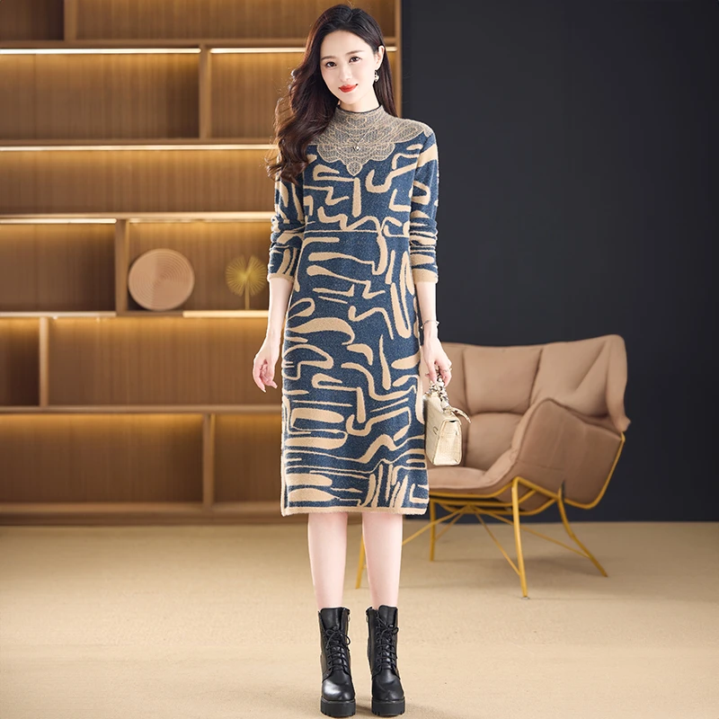 实拍水貂绒毛衣女宽松外穿秋冬装2023新款加厚中长款打底连衣裙