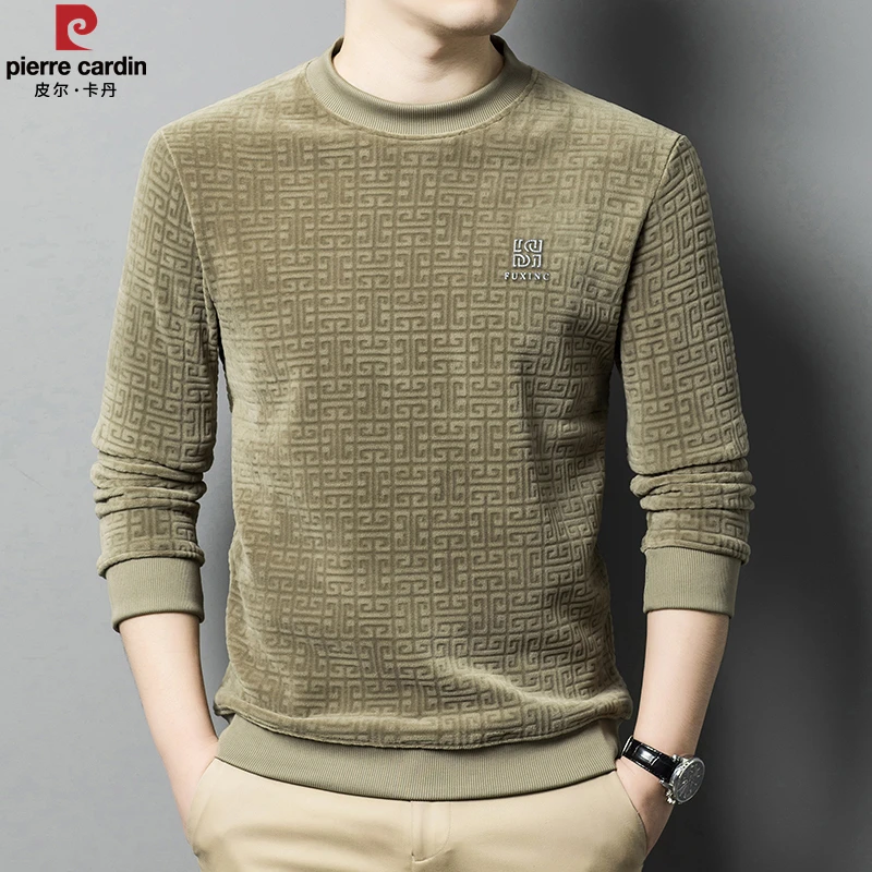 皮尔卡丹2024秋冬新品加绒加厚圆领套头卫衣男士保暖奥粒绒上衣男