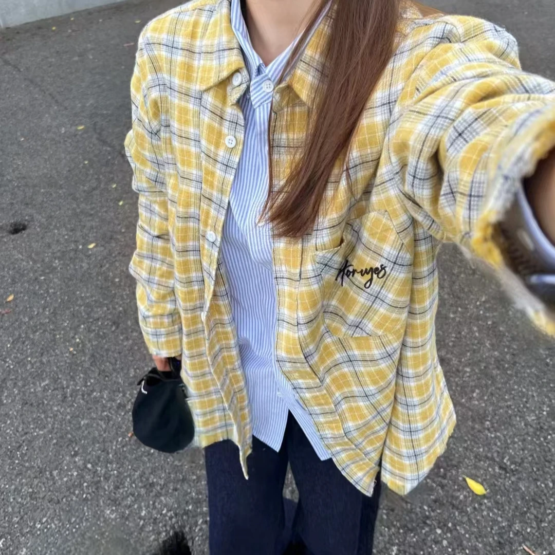 美式慵懒风宽松撞色格子长袖衬衫女春夏季小个子复古潮牌休闲外套