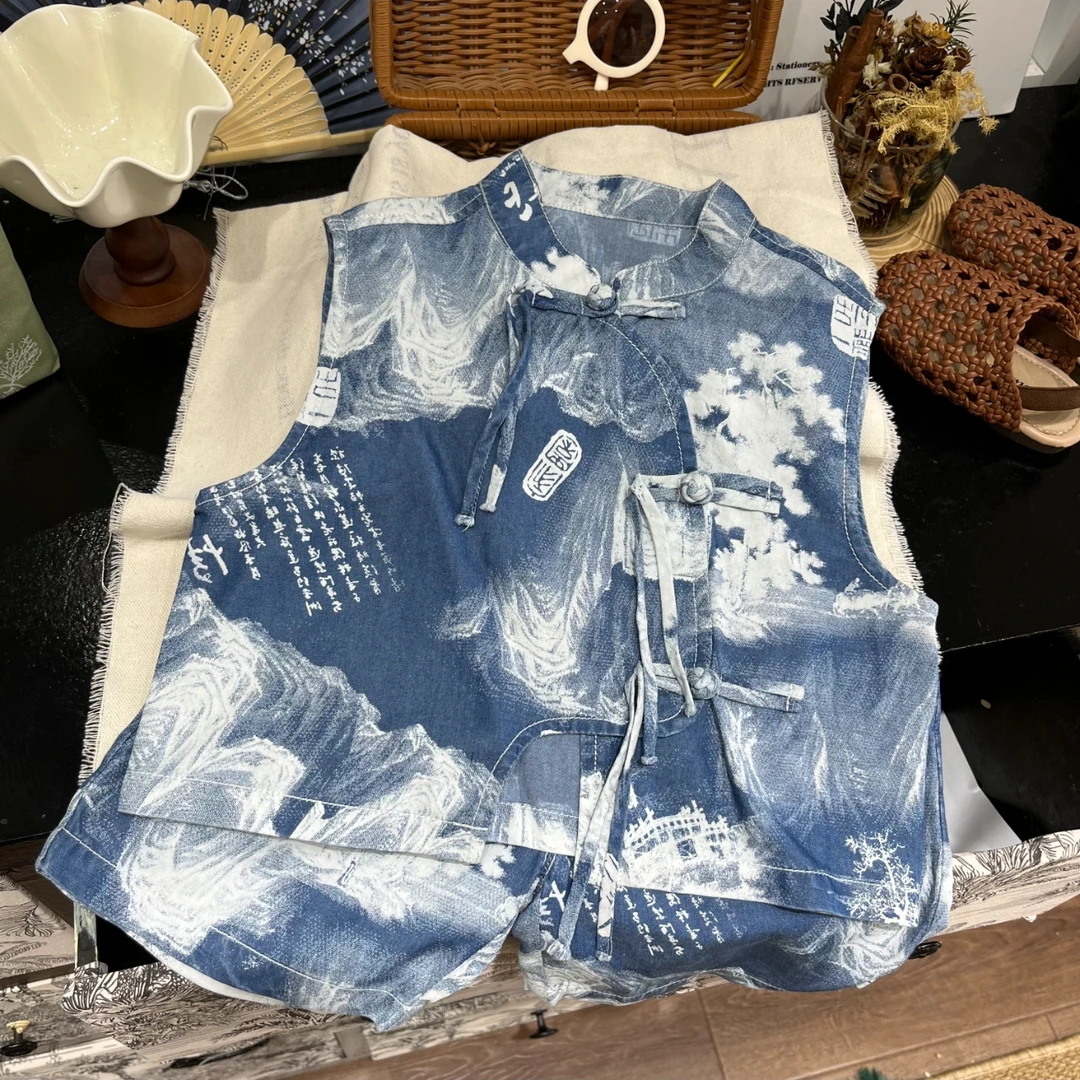 儿童夏款山水画国风套装半高领柔软上衣两件套24157