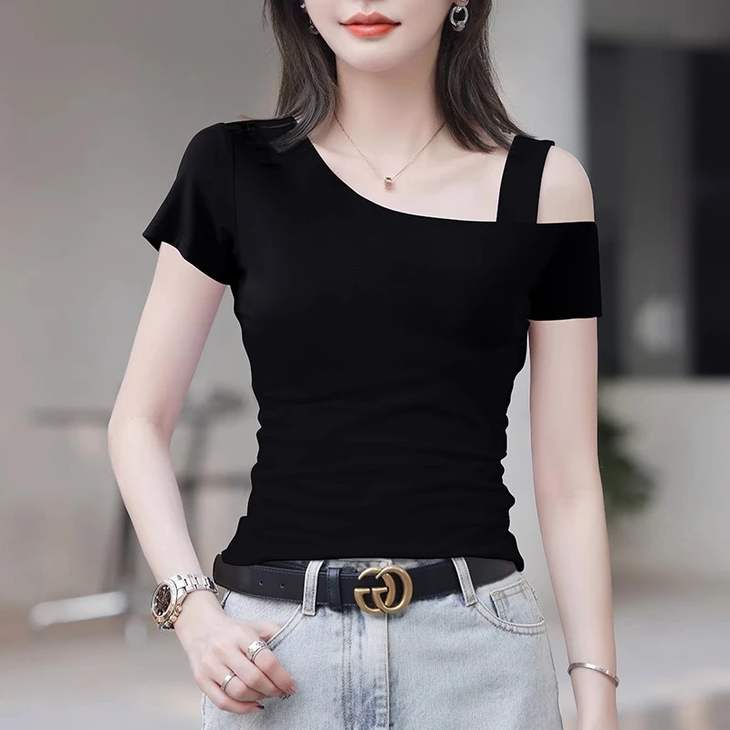 黑色短袖t恤女单肩上衣设计感女小众2025夏季新款露肩吊带时尚ins
