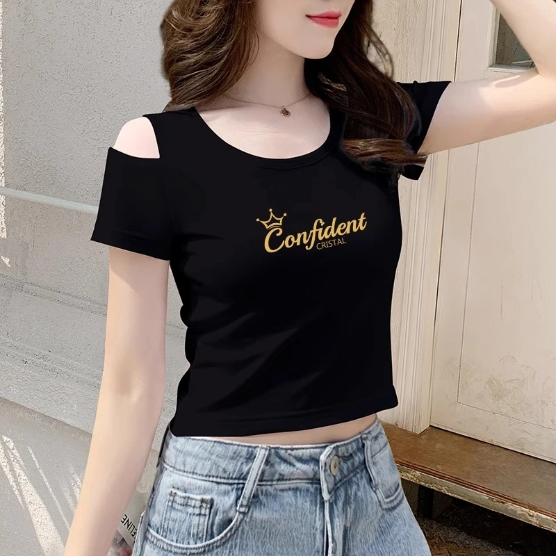 黑色短款t恤女短袖修身高腰小众显瘦露肩露肩上衣夏季2025年新款