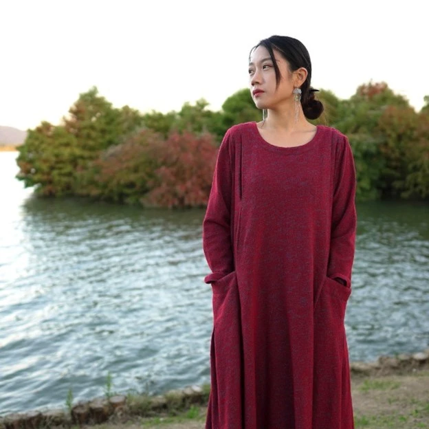 【疆南】2023高定红色宽松显瘦文艺针织羊毛色织长款秋冬连衣裙