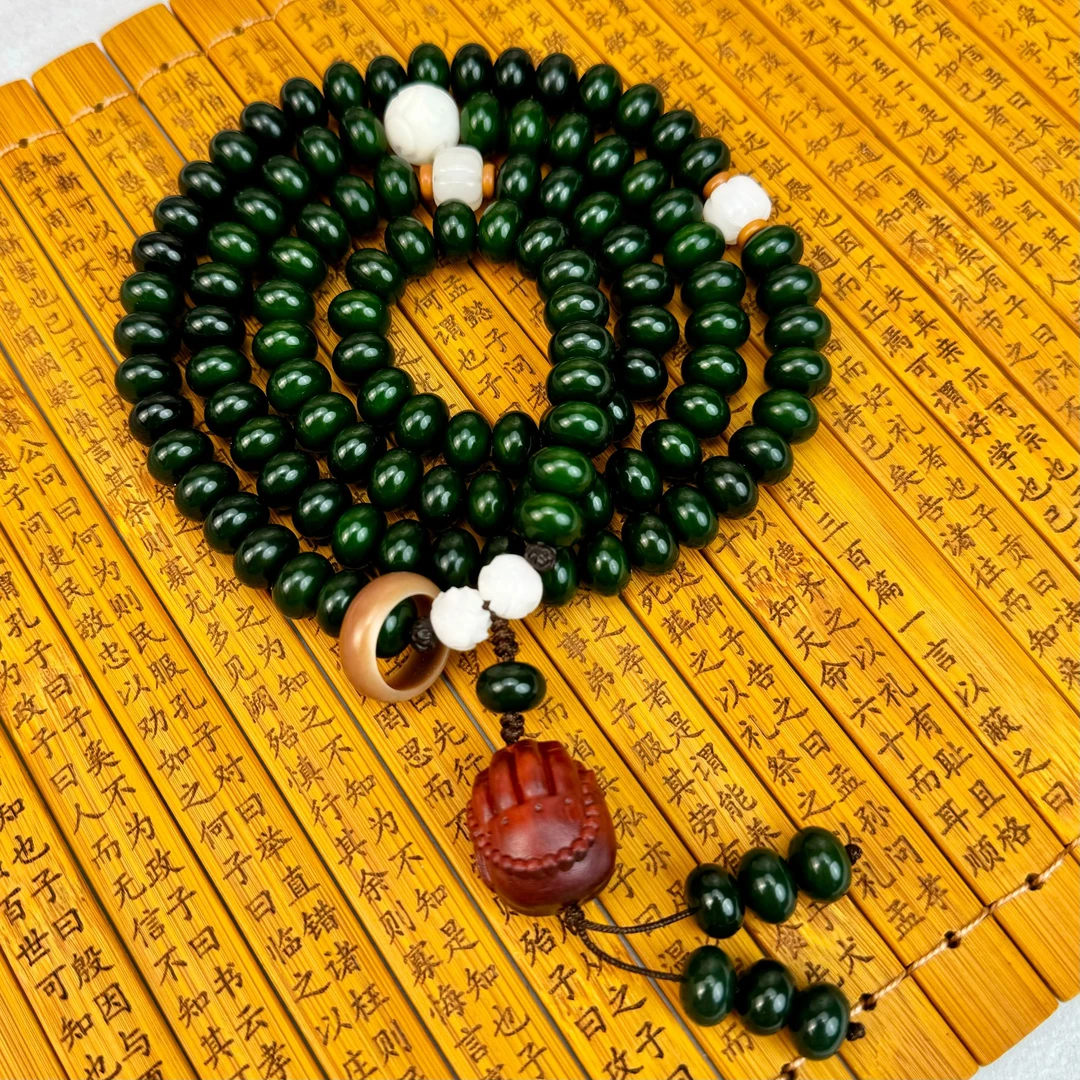 【水墨丹青】绿色阴皮算盘珠108颗菩提根手串脖挂文玩祖母绿8*11mm