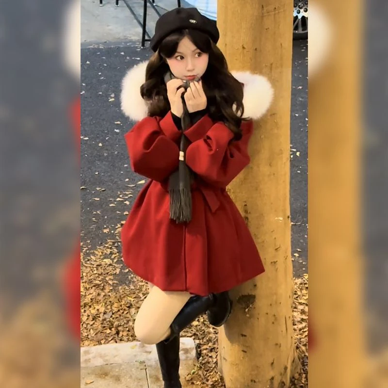 加厚毛领过年战袍冬季夹棉红色大衣女感超好看圣诞加绒厚毛呢外套