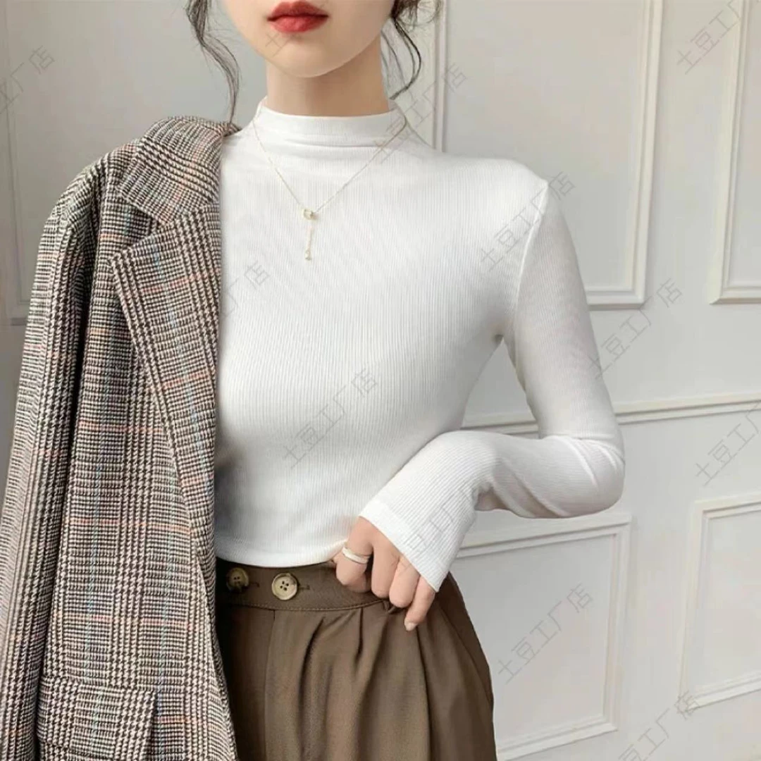 修身显瘦半高领打底衫女加绒保暖内搭长袖上衣秋冬时尚