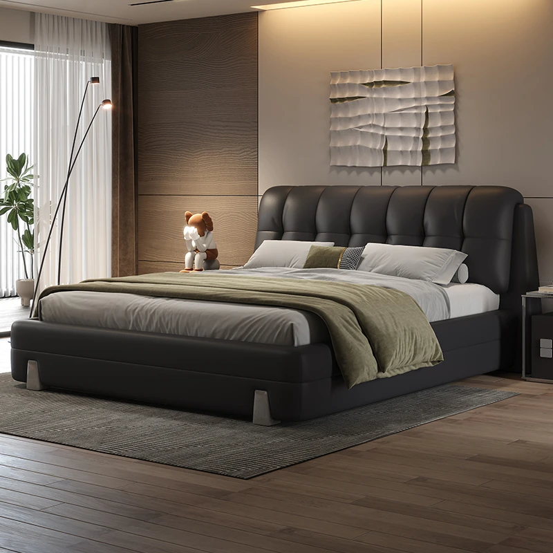 意式极简皮床黑色现代简约高端大气轻奢婚床主卧双人软包床
