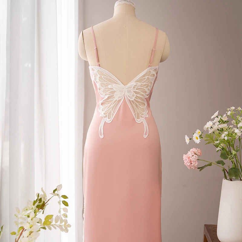 晴山2023春夏新款打底吊带蝴蝶衬裙开叉花边长款旗袍内搭自带胸垫