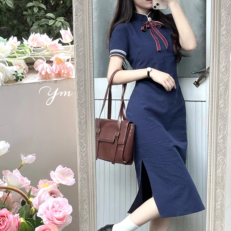 晴山设计学院风芳华旗袍修身小个子显瘦海军风甜美复古减龄连衣裙