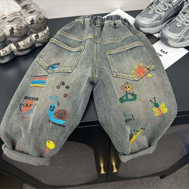 男女童2024卡通新款百搭宽松中小童春秋冬时尚加绒潮流牛仔裤韩版
