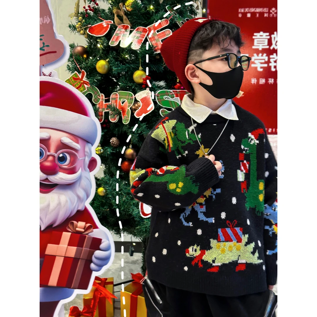 蛋蛋他爹【黑彩恐龙毛衣】秋冬新款儿童黑彩恐龙套头毛衣