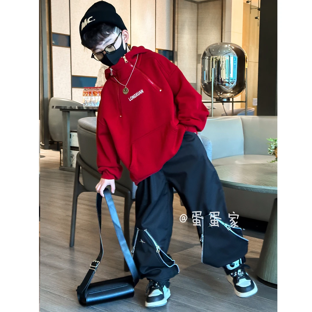 蛋蛋家【红红火火】冬季新款儿童韩版大红色双拉链加绒连帽卫衣