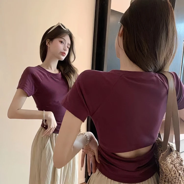 【妮可雅姿】夏季纯色百搭短袖t恤女小心机露背褶皱收腰显瘦上衣