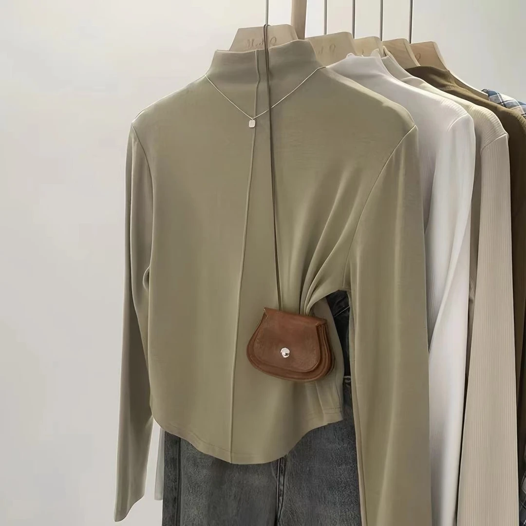 德绒半高领修身显瘦长袖T恤女秋季新款内搭打底衫小个子短款上衣