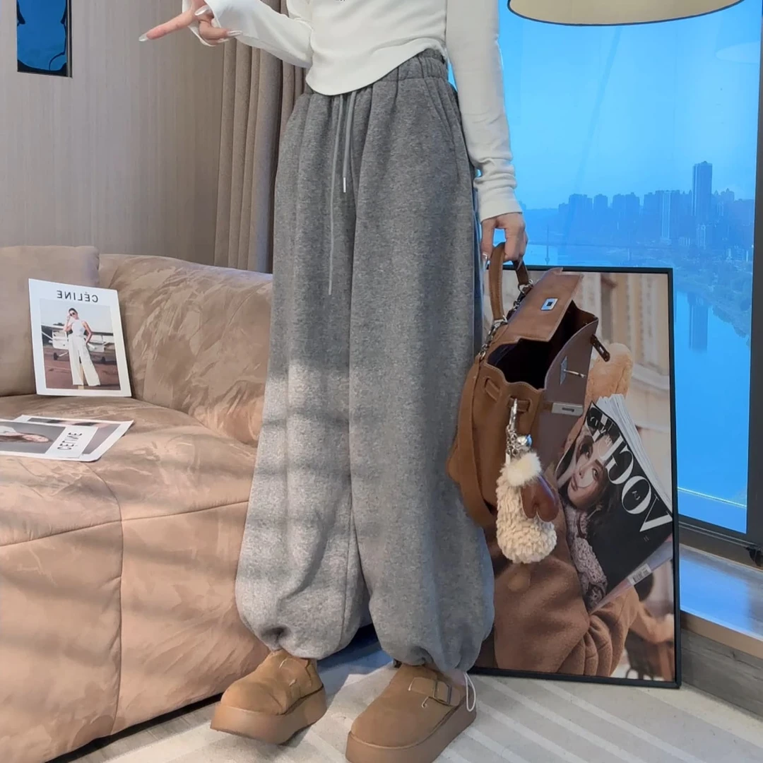 【静静衣橱】简约风高腰灰色束脚长裤女小个子宽松显瘦直筒卫裤3799