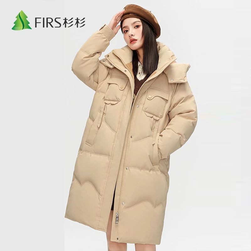 FIRS/杉杉休闲时尚女士可脱卸帽保暖加厚外套长款羽绒服白鸭绒