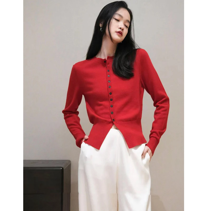 羊毛开衫女红色针织外套圆领宽松上衣显瘦时尚百搭打底衫气质毛衣