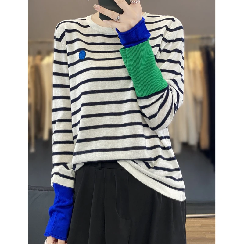 羊毛衫女宽松条纹针织衫显瘦上衣百搭时尚圆领打底衫撞色长袖毛衣