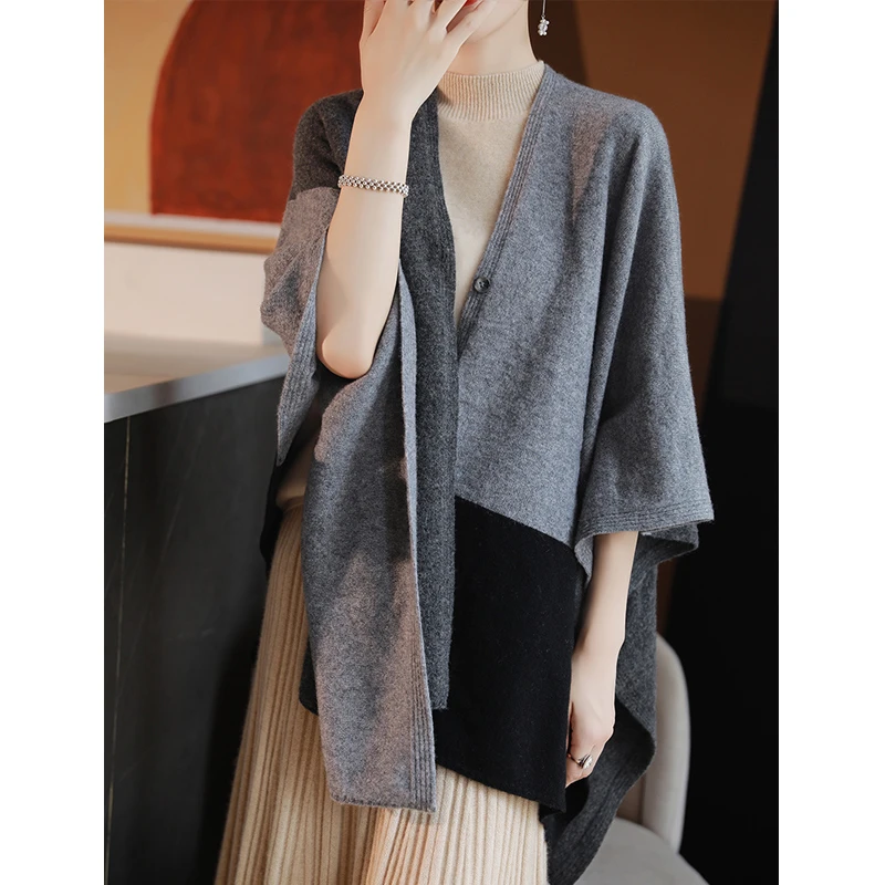 羊毛披肩女士针织搭肩气质高档斗篷保暖护颈围巾纯色时尚上衣泓莲
