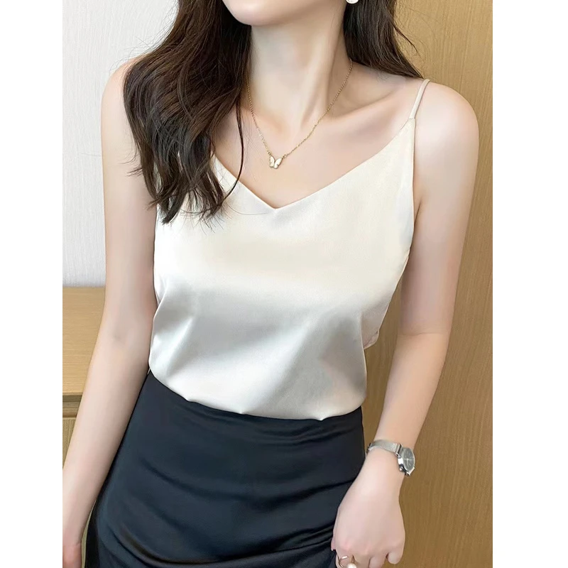 桑蚕丝吊带背心女夏季宽松百搭纯色时尚气质无袖打底显瘦外穿上衣