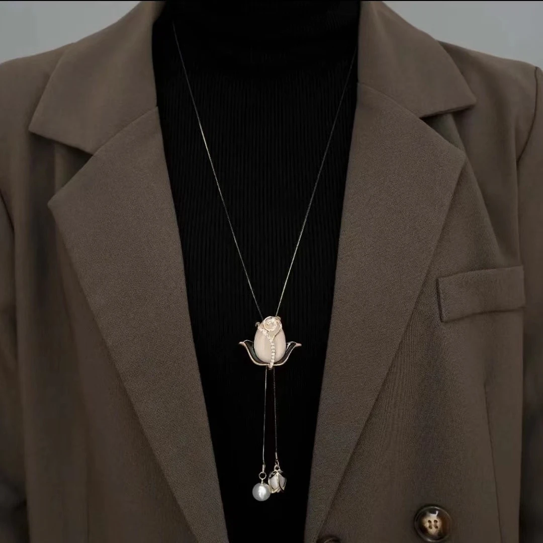 秋冬新款郁金香项链可调节长款流苏气质女士毛衣链