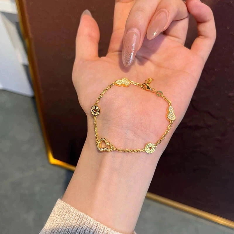 钛钢合成锆石手链 新中式国风铜钱葫芦手链女精美气质百搭不掉色