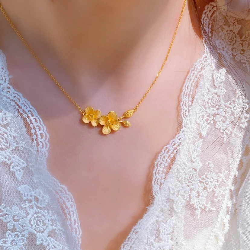 钛钢项链 不掉色超仙中式朱瑾花项链时尚简约百搭花朵吊坠锁骨链