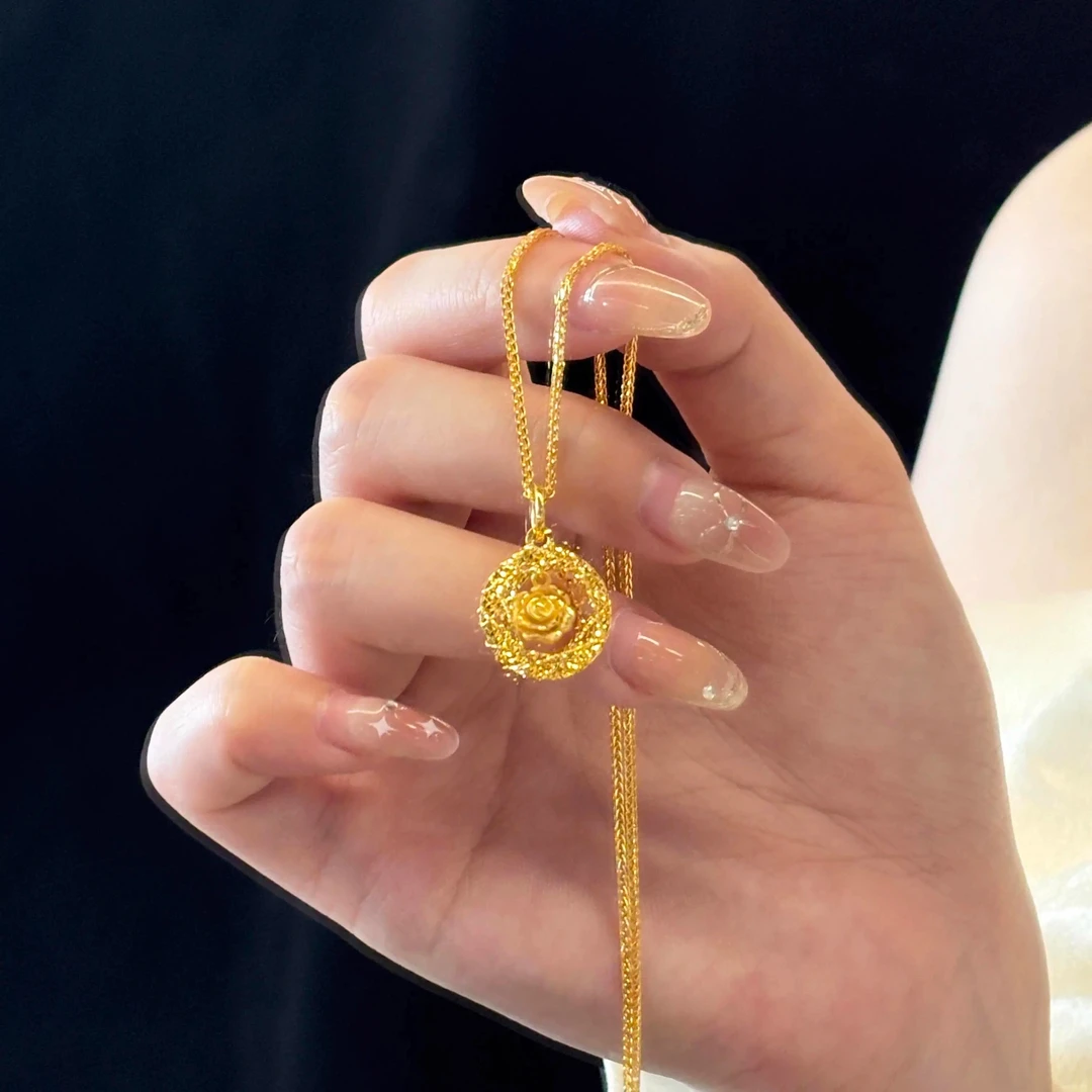 JIN BAI ZHENG 铜合金项链  2025拉丝玫瑰花项链百搭灵动锁骨链