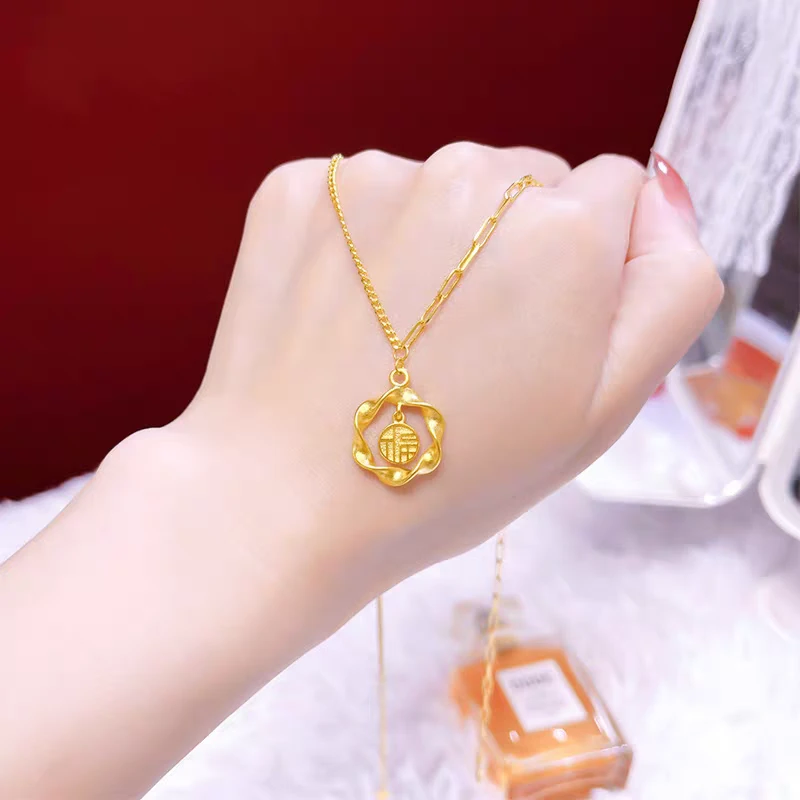 钛钢项链 莫比乌斯纽纹福牌项链女花朵几何六边形复古国风坠链