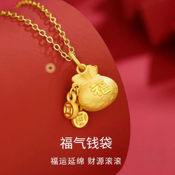 时尚百搭转运福袋项链女精美金色素款古法吊坠锁骨链