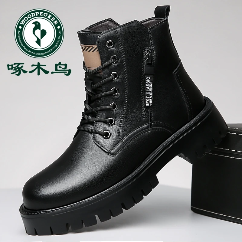啄木鸟马丁靴男鞋冬季男士休闲棉鞋百搭加绒保暖高帮厚底马丁靴子