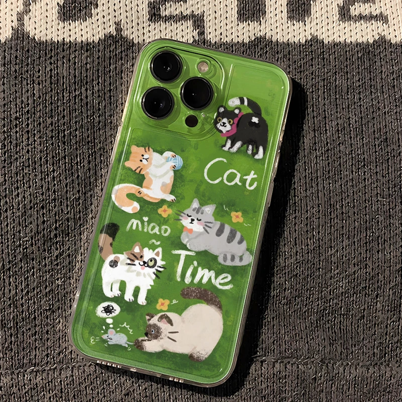 绿色猫咪苹果华为vivo小米oppo手机壳iPhone15荣耀保护套全包软壳