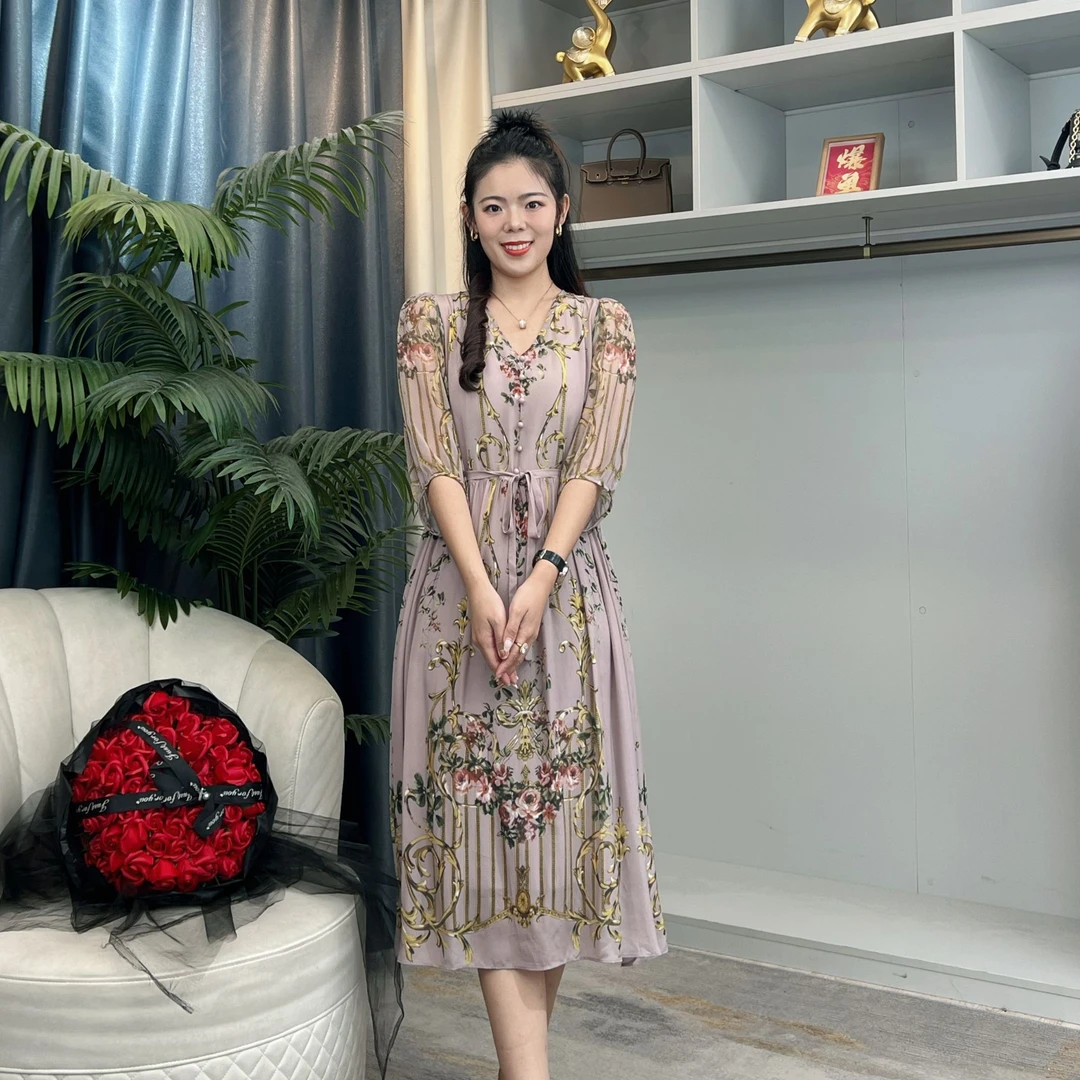 【火火精选】浅紫色印花显瘦气质时尚女士桑蚕丝连衣裙 90311