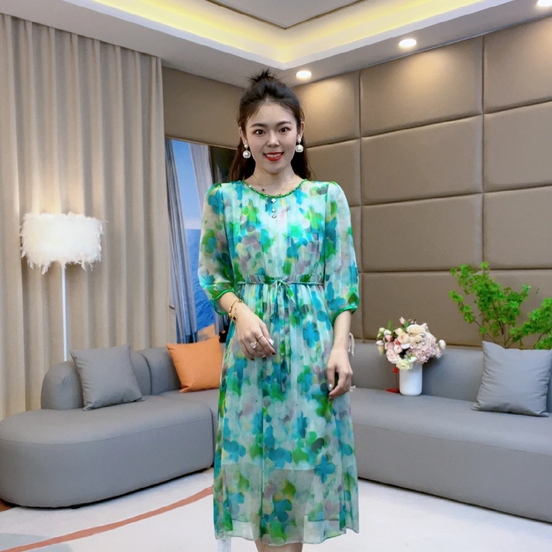 【火火精选】 “波光粼粼”圆领钉珠梦幻气泡花桑蚕丝连衣裙  75033